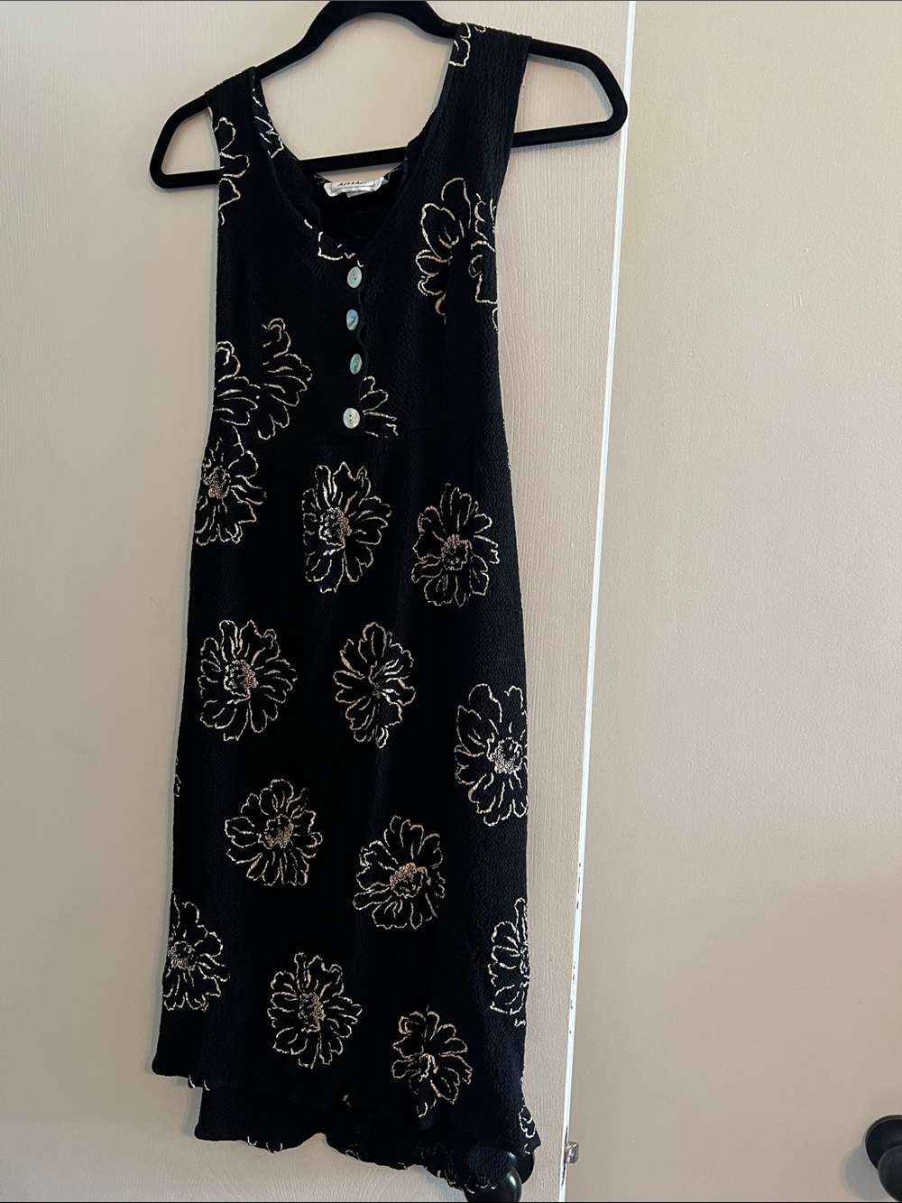 Tiffany Adam’s vintage Black Textured Embroidered dress Mother-of-Pearl Buttons